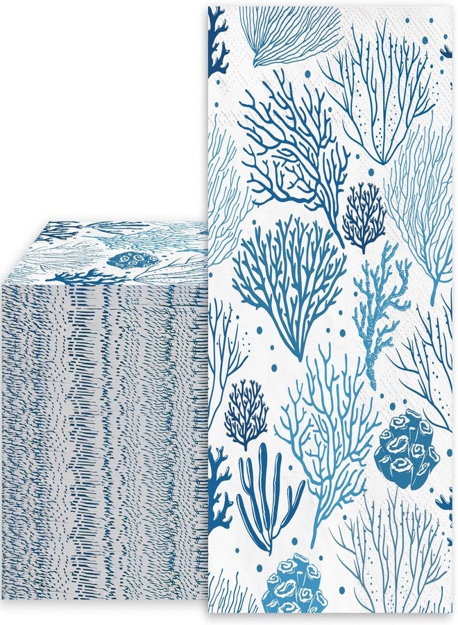 JarThenaAMCS مناديل ورقية للضيوف من جارثينا إيه إم سي إس، 100 قطعة، بتصميم الشعاب المرجانية، أبيض وأزرق، 3 طبقات، للاستخدام مرة واحدة، بنمط شاطئي، مثالية لحفلات العشاء وتزيين الطاولات. - Image 1